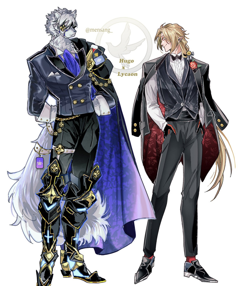 2boys, arms_behind_back, black_coat, black_jacket, black_vest, blonde_hair, body_fur, cape, coat, coat_on_shoulders, commentary_request, furry, furry_male, grey_fur, grey_hair, hands_in_pockets, highres, hugo_vlad, jacket, long_hair, looking_at_another, male_focus, mechanical_legs, mensang, multiple_boys, pointy_ears, purple_cape, red_eyes, shirt, short_hair, simple_background, standing, tail, very_long_hair, vest, von_lycaon, white_background, white_shirt, wolf_boy, zenless_zone_zero