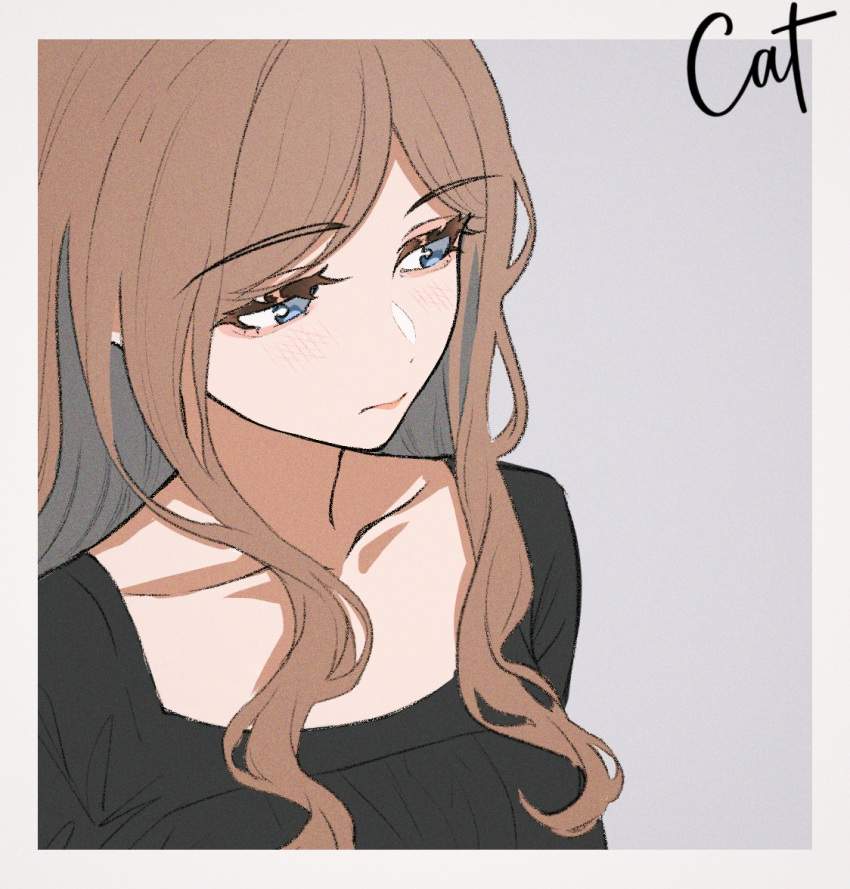 1girl, bang_dream!, bang_dream!_it's_mygo!!!!!, blue_eyes, border, brown_hair, closed_mouth, collarbone, commentary_request, english_commentary, grey_background, huaxue_maomi, long_hair, nagasaki_soyo, pink_lips, signature, simple_background, solo, swept_bangs, upper_body, white_border