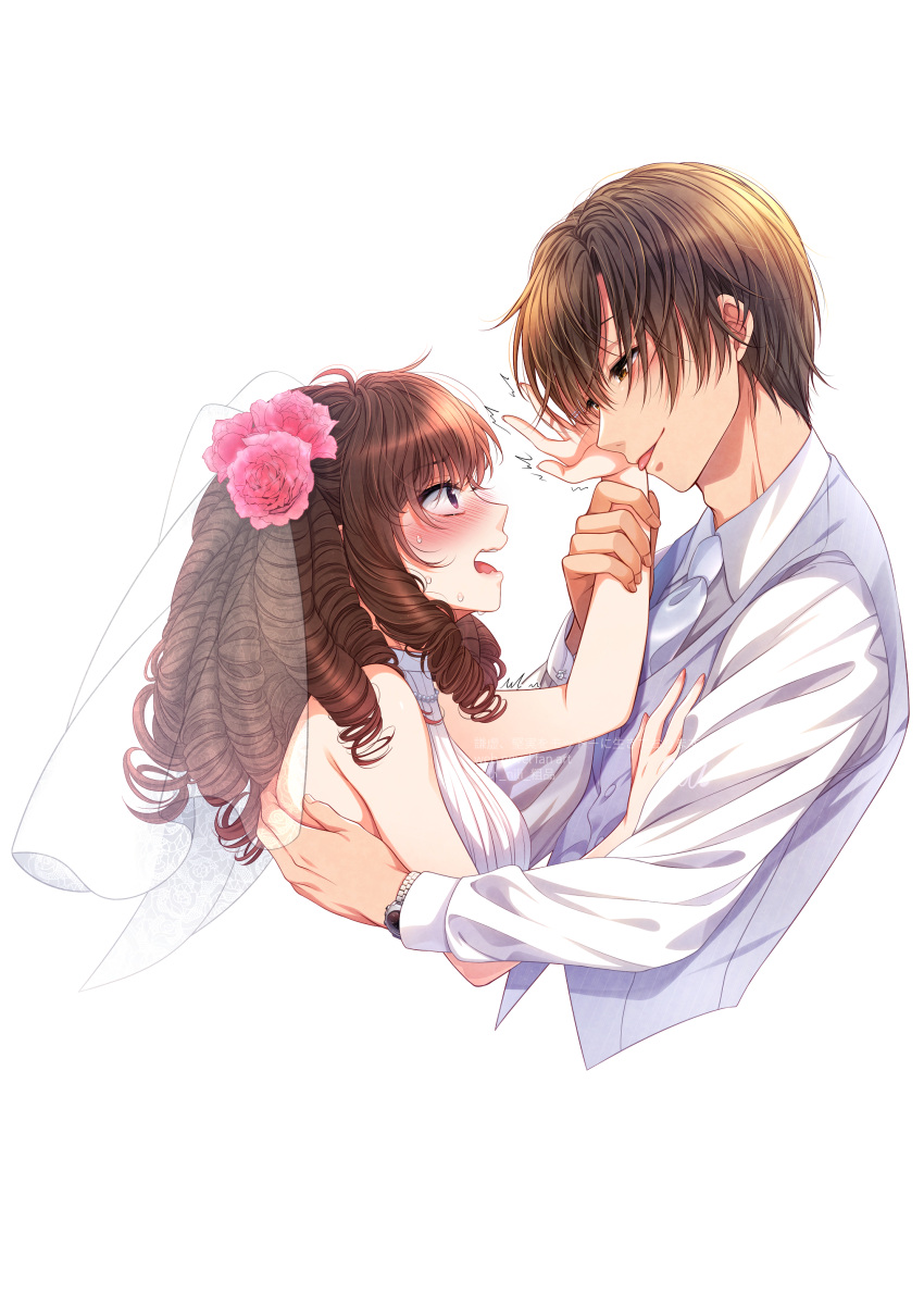 1boy, 1girl, absurdres, blue_necktie, blue_vest, blush, bridal_veil, brown_eyes