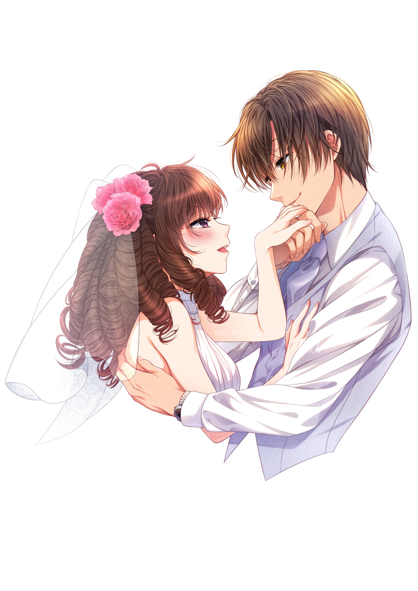 1boy, 1girl, absurdres, blue_necktie, blue_vest, bridal_veil, brown_eyes, brown_hair