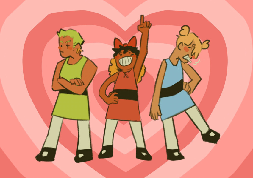 3boys, arm_up, black_hair, blossom_(ppg), blossom_(ppg)_(cosplay), blue_dress, bluechanas, bubbles_(ppg)