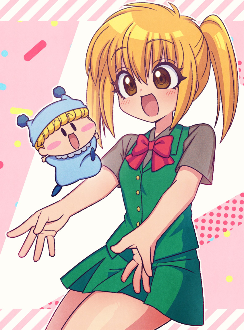1girl, blonde_hair, blue_pajamas, blunt_bangs, blush_stickers, brown_eyes, commentary_request, green_skirt