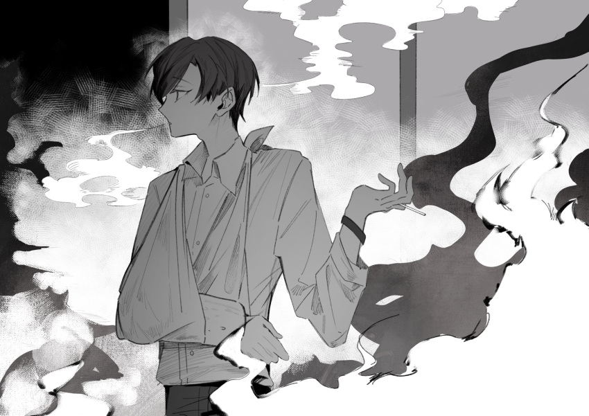 1boy, ariake_(ooe), arm_sling, broken_arm, cigarette, collared_shirt, greyscale, highres