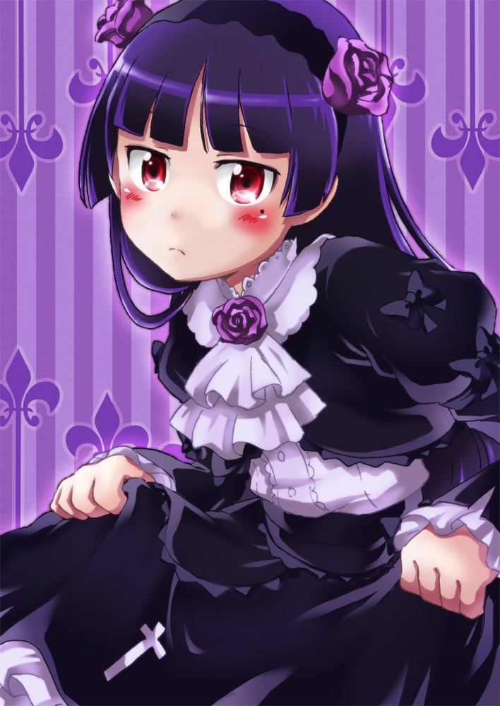 black_hair, blush, dress, dress_lift, gokou_ruri, gothic_lolita, lolita_fashion, long_hair