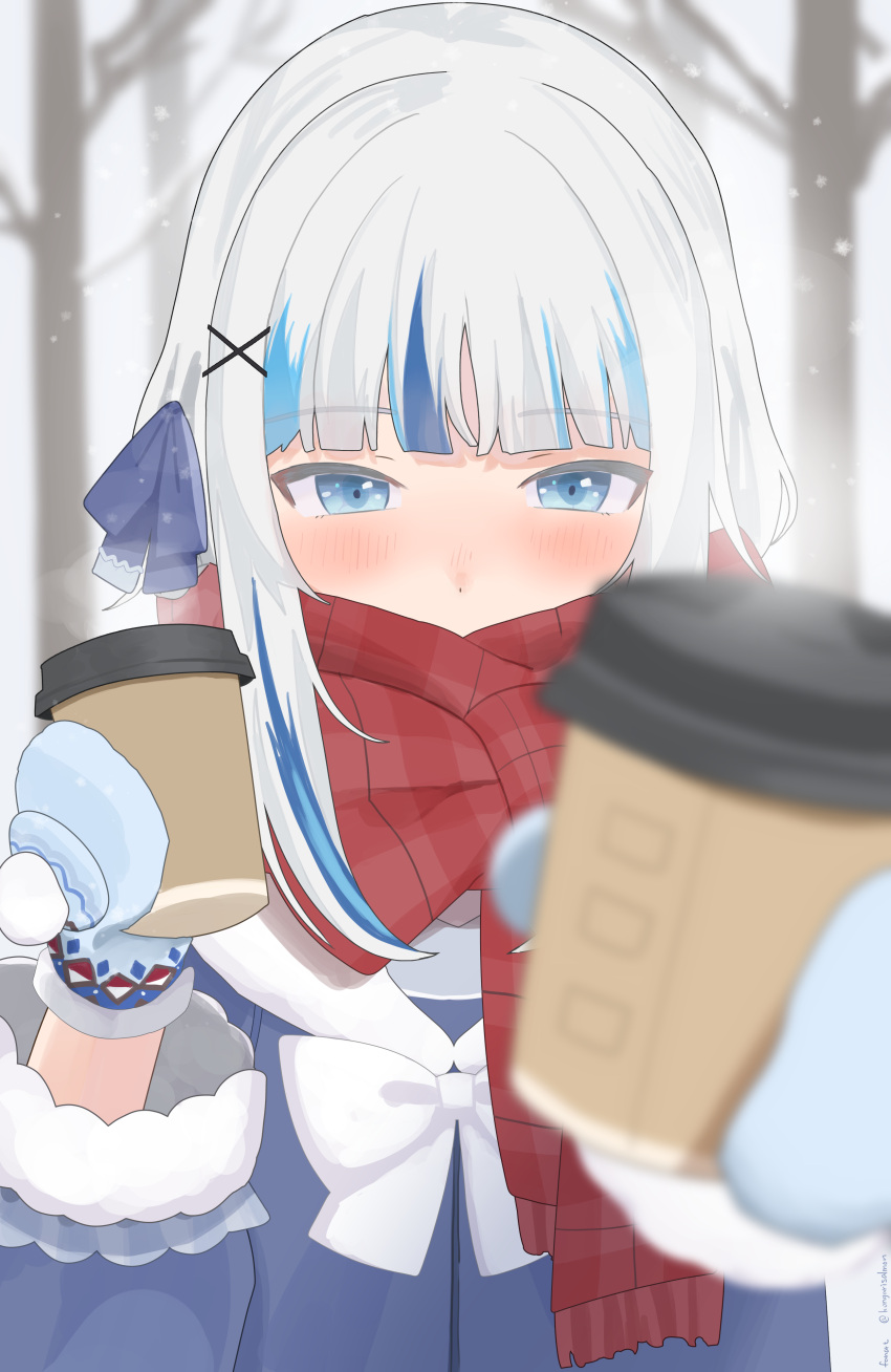 absurdres, bare_tree, blue_bow, blue_coat, blue_eyes, blue_hair, blue_mittens, blunt_bangs