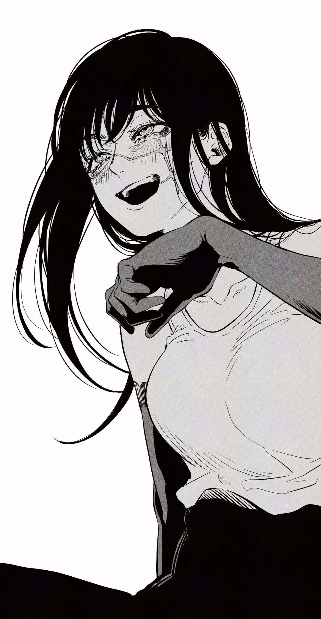 1girl, blush, chainsaw_man, elbow_gloves, gloves, greyscale, haru_rice, highres, long_hair, monochrome, open_mouth, pants, ringed_eyes, scar, scar_on_cheek, scar_on_face, solo, tank_top, teeth, upper_teeth_only, yoru_(chainsaw_man)