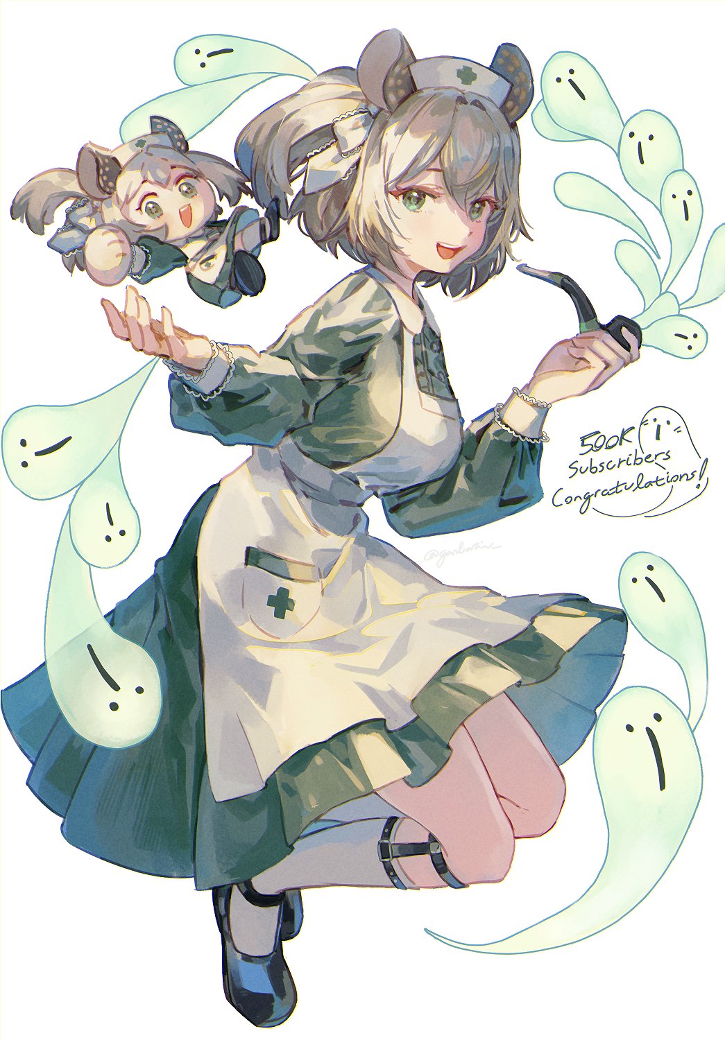 1girl, animal_ears, apron, bow, breasts, brown_hair, collared_dress, double-parted_bangs
