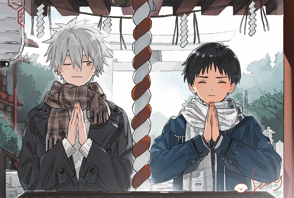 1boy, 2boys, black_coat, black_hair, box, brown_scarf, checkered_clothes, checkered_scarf