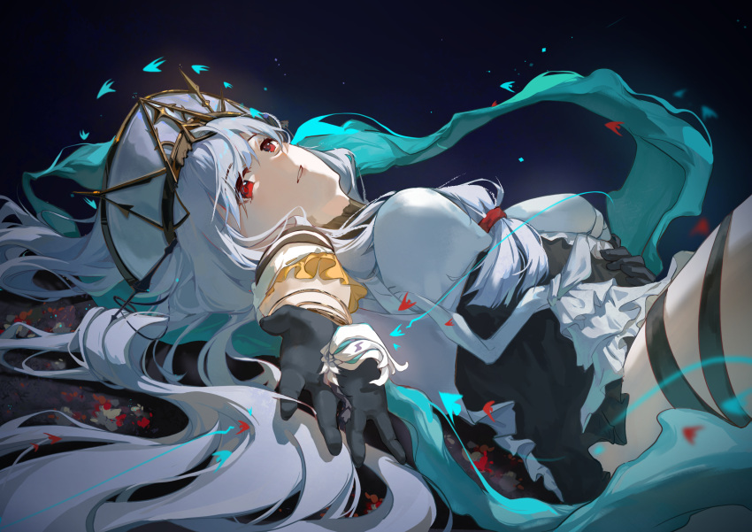 1girl, amukeer, angelfish, arknights, bare_shoulders, black_gloves, breasts, cowboy_shot