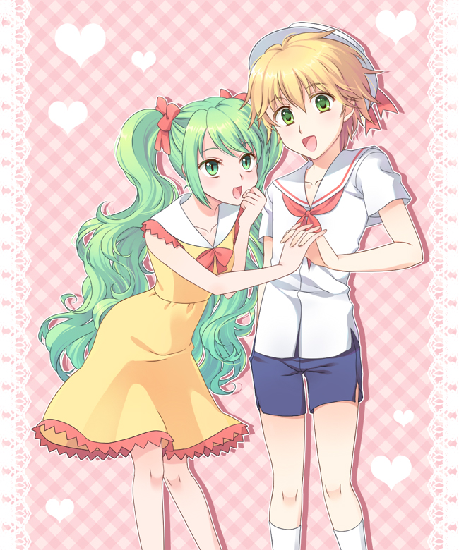 blonde_hair, green_eyes, green_hair, hat, heart, heart_hands, heart_hands_duo, hippo