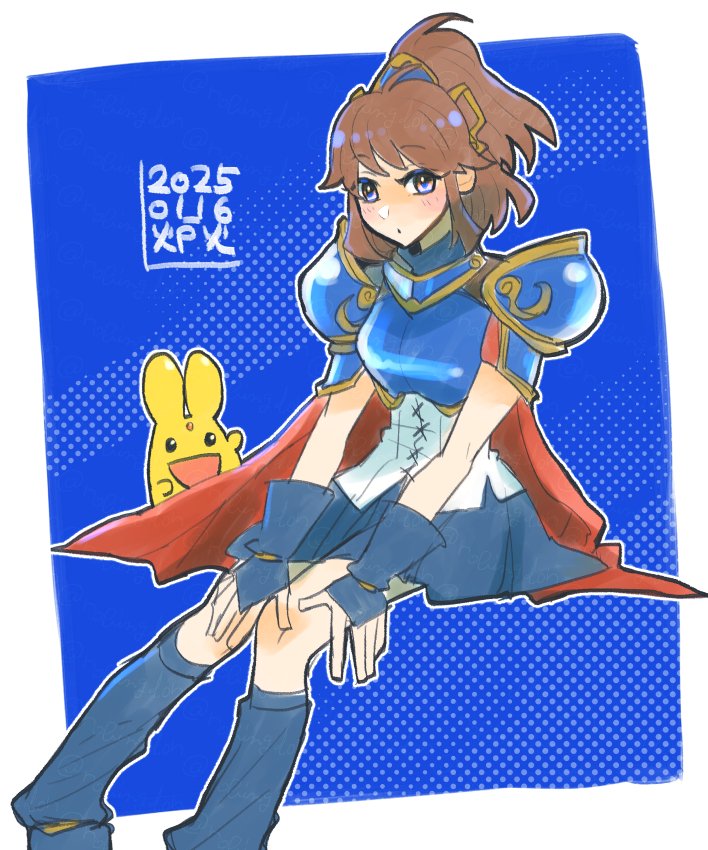1girl, :o, arle_nadja, armor, artist_name, blue_skirt, brown_eyes, brown_hair
