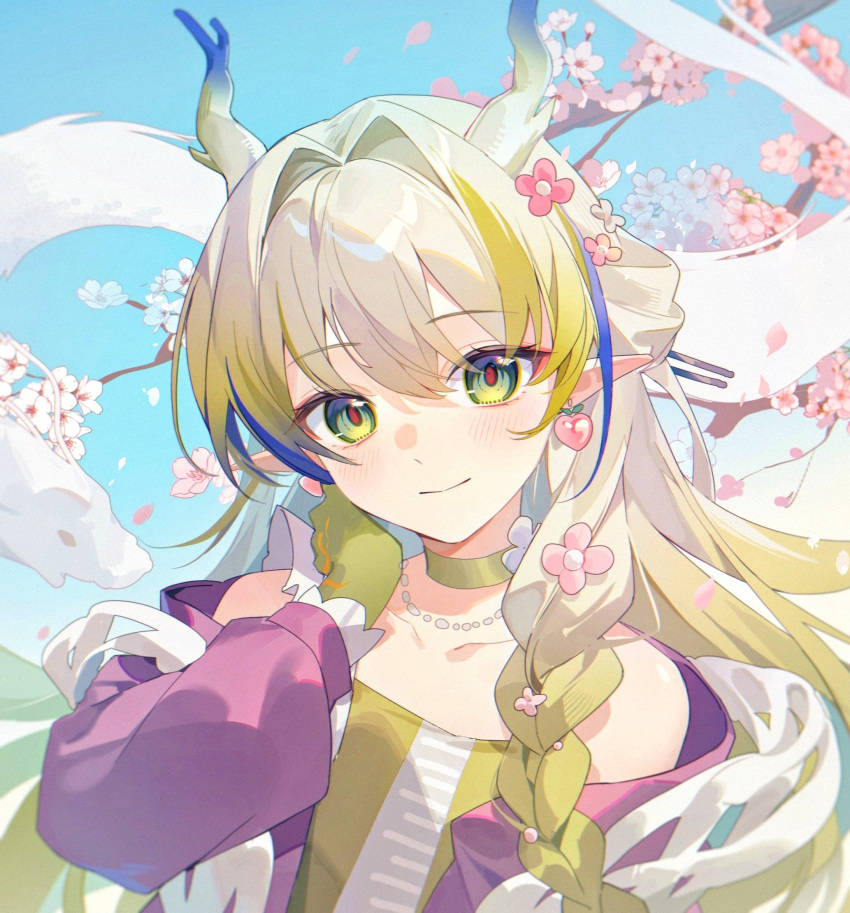 1girl, arknights, bare_shoulders, blonde_hair, blue_hair, blush, braid, cherry_blossoms