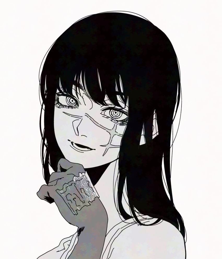 1girl, chainsaw_man, elbow_gloves, gloves, greyscale, haru_rice, highres, long_hair