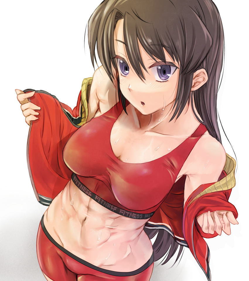 1girl, :o, abs, absurdres, bike_shorts, black_hair, blue_eyes, breasts