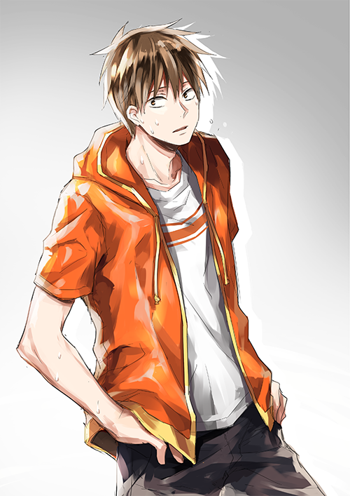 1boy, adam's_apple, black_shorts, brown_eyes, brown_hair, collarbone, commentary, cowboy_shot