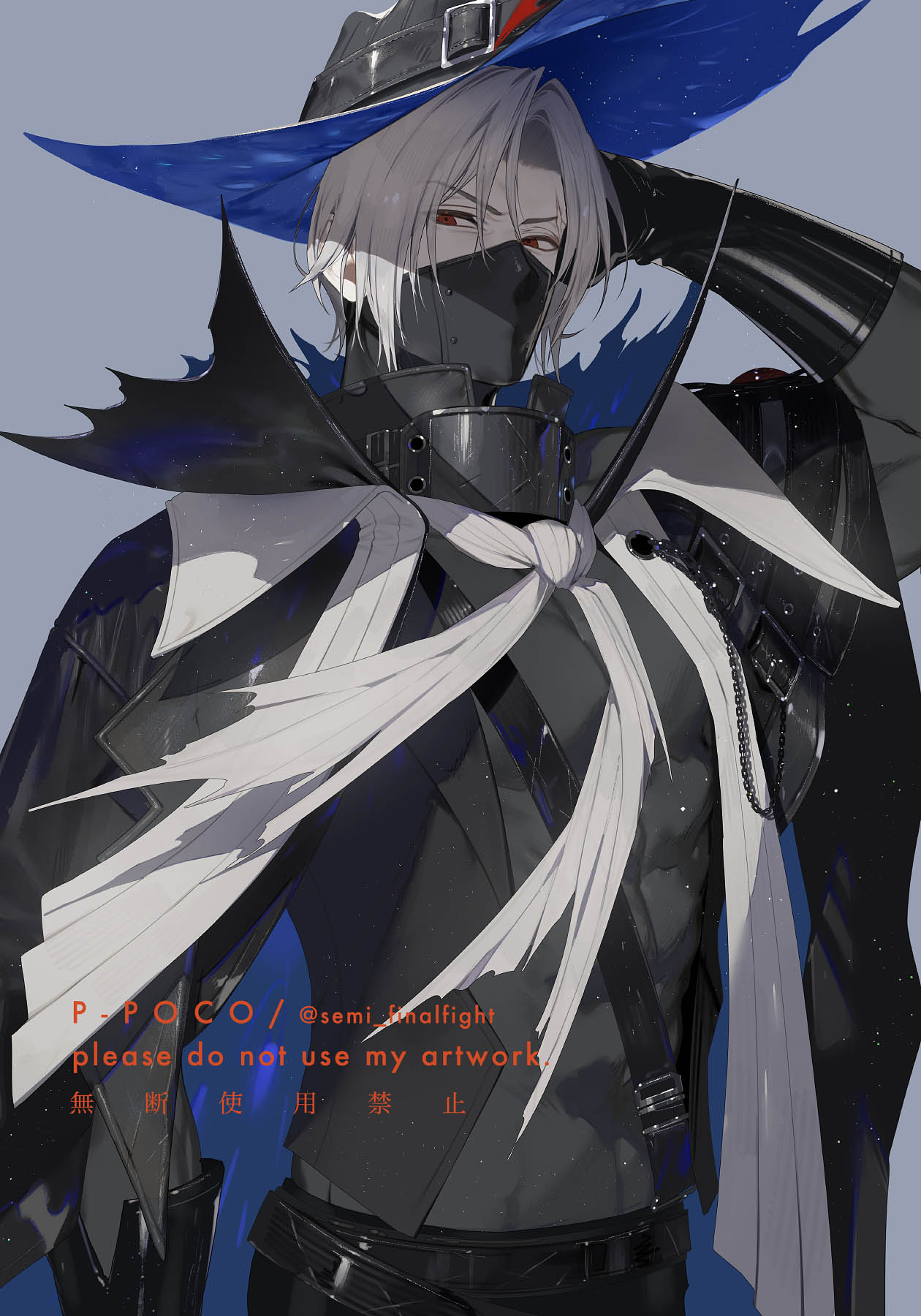 1boy, arknights, belt, black_cape, black_hat, black_pants, blue_cape, blue_hat