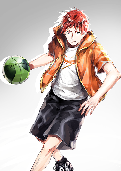 1boy, akashi_seijuurou, alternate_costume, arm_up, ball, basketball_(object), black_shorts, closed_mouth