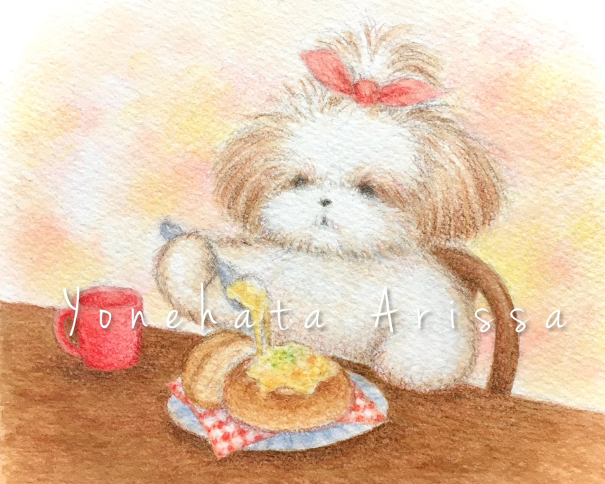 animal, animal_focus, artist_name, bow, colored_pencil_(medium), cup, dog, eating