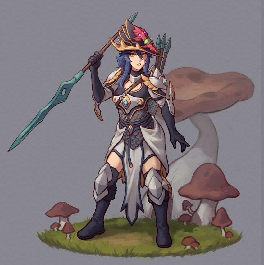 1girl, absurdres, armor, black_footwear, blue_gemstone, blue_hair, boots, breastplate