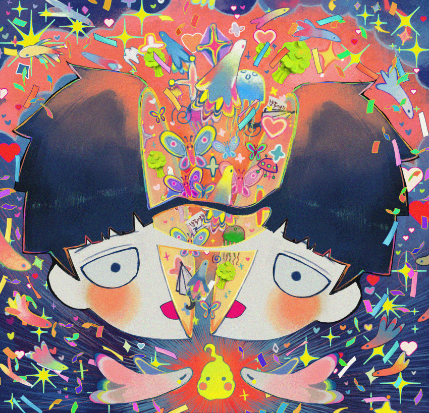1boy, :d, album_cover_redraw, artist_name, black_eyes, black_hair, blue_background, blunt_bangs, blush, blush_stickers, bowl_cut, broccoli, bug, butterfly, commentary, confetti, derivative_work, ekubo_(mob_psycho_100), english_commentary, film_grain, fish, heart, highres, jellyfish, kageyama_shigeo, kikuo, looking_at_viewer, male_focus, messcult, mob_psycho_100, open_mouth, short_hair, signature, smile, solo_focus, sparkle, split_head, star_(symbol), umbrella
