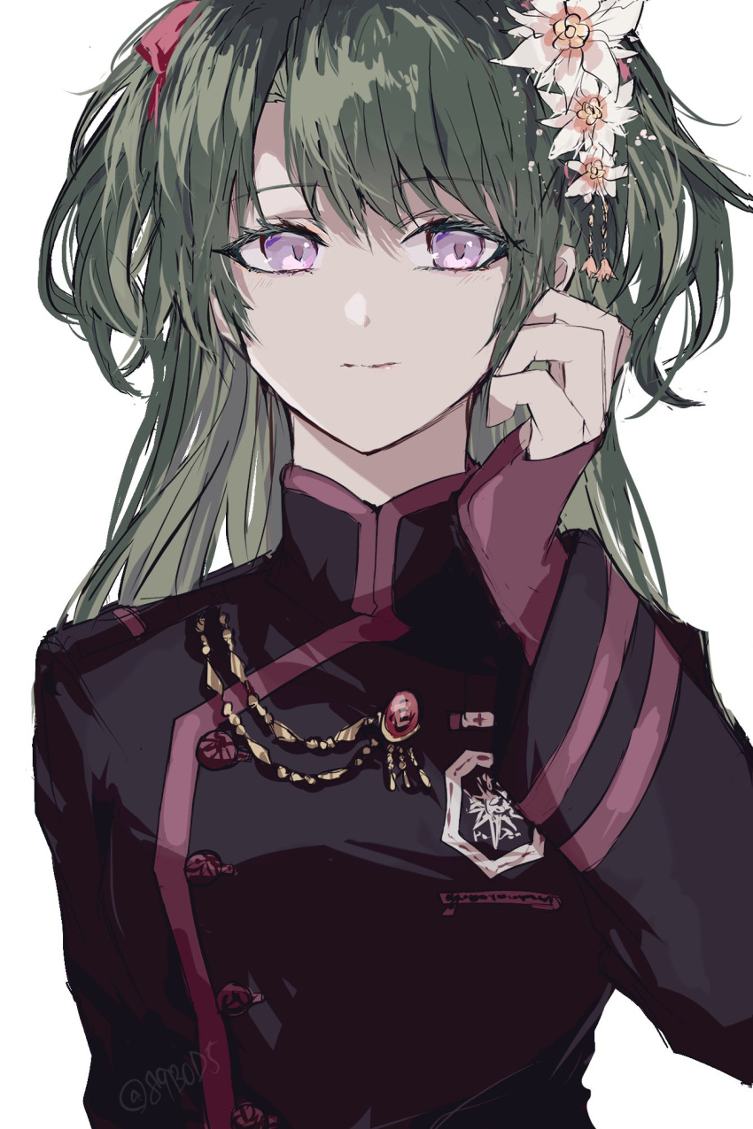 1girl, badge, black_coat, black_order_uniform, coat, d.gray-man, fingerless_gloves, flower