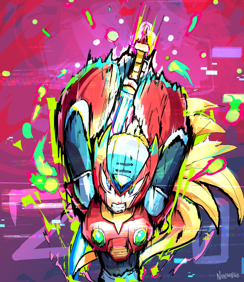 1boy, armor, arms_up, artist_name, blue_eyes, chest_jewel, clenched_teeth, forehead_jewel