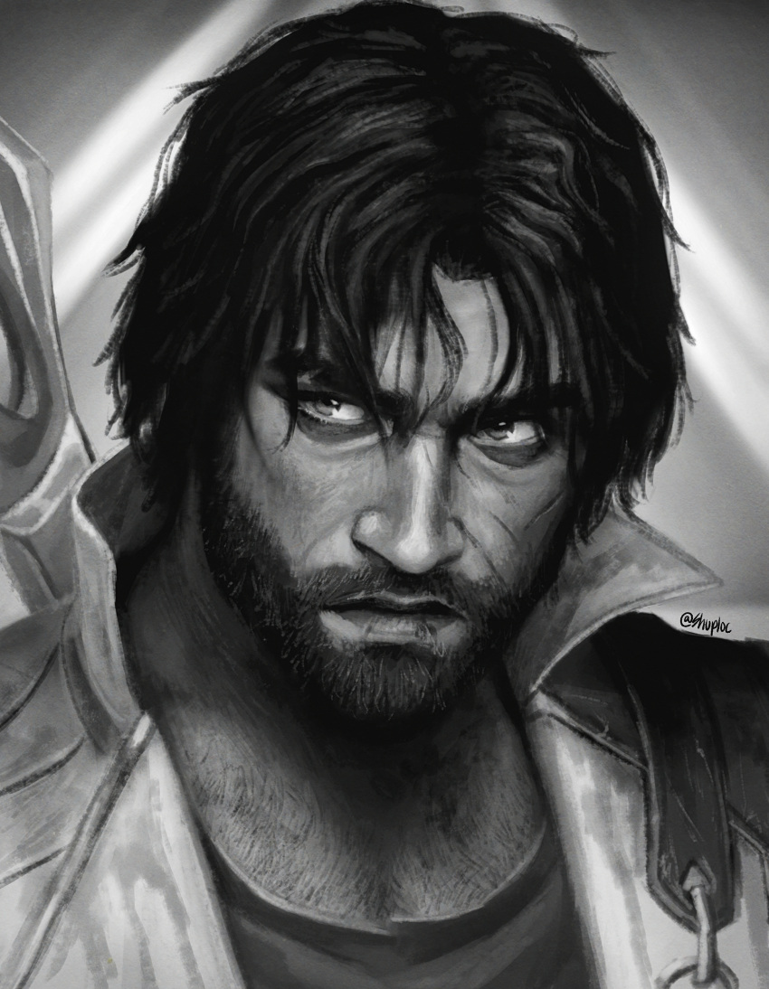1boy, absurdres, arcane:_league_of_legends, arcane_survivor_jayce, bags_under_eyes, beard, chest_hair, collared_jacket