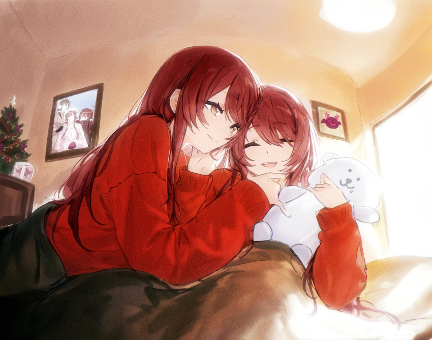 2girls, blanket, closed_eyes, closed_mouth, cobwvmeti, hair_between_eyes, highres, holding