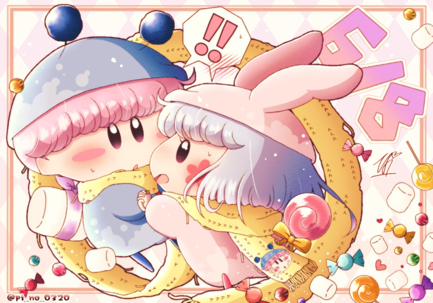 1boy, 1girl, blue_hat, blue_pajamas, blunt_bangs, blush, blush_stickers, candy