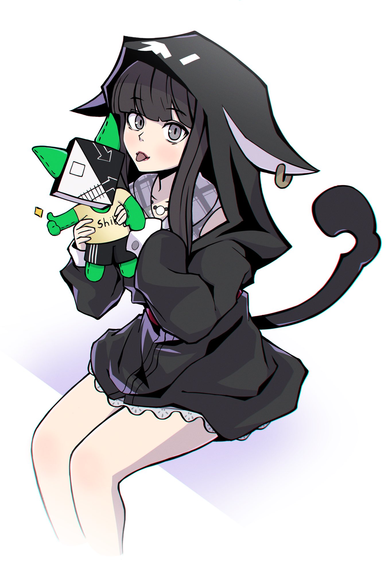 1girl, :p, black_hoodie, blunt_bangs, commentary, commission, english_commentary, fake_tail, grey_eyes, highres, hood, hoodie, long_hair, looking_at_viewer, sakurane_shouka, shin_subarashiki_kono_sekai, sidelocks, sitting, solo, spaghetto087, stuffed_toy, subarashiki_kono_sekai, tail, tongue, tongue_out