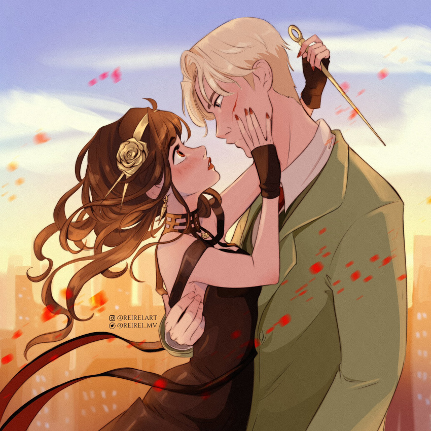 1boy, 1girl, black_dress, black_gloves, blonde_hair, blush, clouds, commentary_request