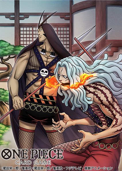2boys, commentary_request, copyright_name, cross-laced_clothes, cross-laced_top, facial_hair, fire, fishnet_thighhighs