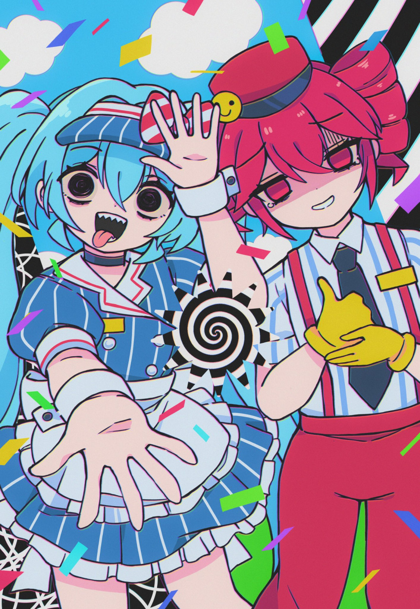 2girls, :d, apron, aqua_hair, black_choker, black_eyes, black_mouth, black_necktie