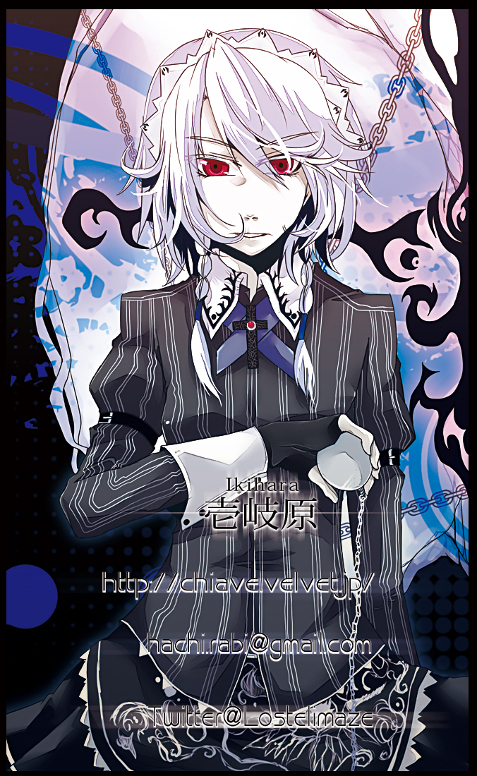 alternate_costume, braid, ikihara@, izayoi_sakuya, koumajo_densetsu, koumajo_densetsu_2, koumajou_densetsu, koumajou_densetsu_2, red_eyes, short_hair, silver_hair, solo, the_embodiment_of_scarlet_devil, touhou, twin_braids