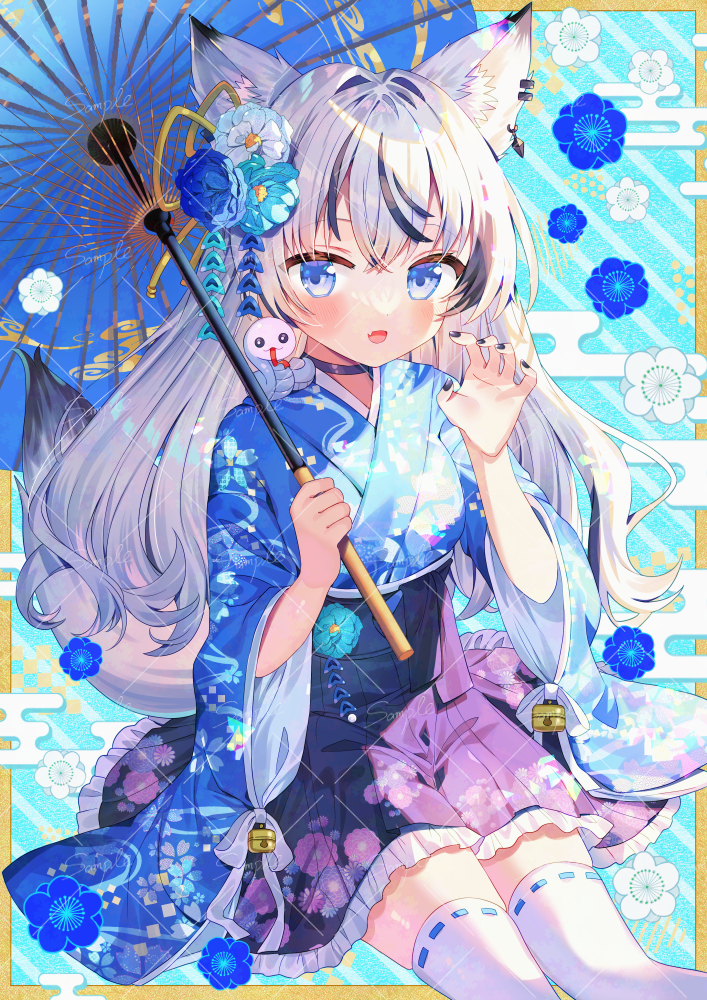 1girl, :d, animal_ear_fluff, animal_ears, bell, black_hair, black_nails, blue_background