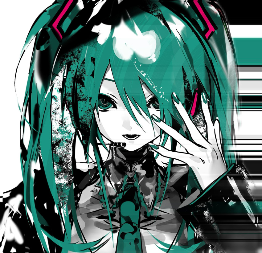 1girl, aqua_hair, character_name, colored_skin, hanaseto, hatsune_miku, headset, highres