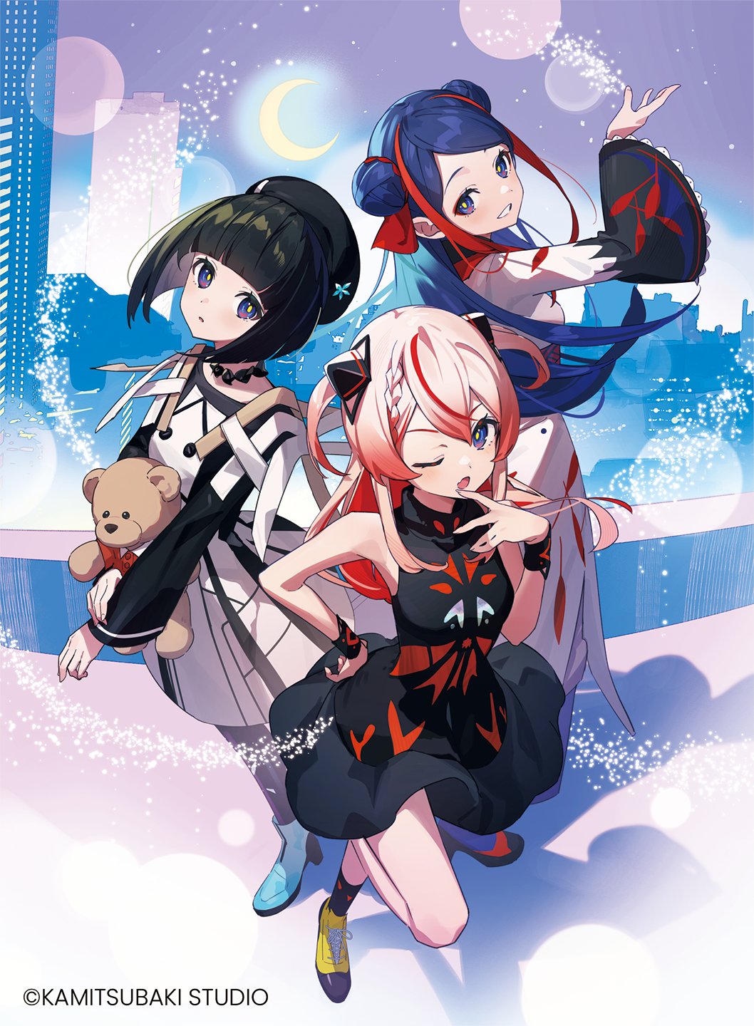 3girls, ankle_boots, beret, black_dress, black_hair, black_hat, black_pantyhose, blue_eyes, blue_hair, blunt_bangs, blunt_ends, boots, braid, bright_pupils, choker, colored_inner_hair, commentary_request, company_name, copyright_notice, crescent_moon, double-parted_bangs, double_bun, dress, fang, from_above, garasumiya_(girls_revolution_project), girls_revolution_project, hair_bun, halter_dress, halterneck, hat, high_collar, high_heels, highres, holding, holding_stuffed_toy, kakyoin_(girls_revolution_project), kamitsubaki_studio, long_dress, long_hair, long_sleeves, looking_at_viewer, medium_dress, moon, multicolored_dress, multicolored_hair, multiple_girls, official_art, open_mouth, orihime_(girls_revolution_project), pantyhose, pink_hair, red_hair, red_streaks, shirama_(c2h76_5), shoes, short_dress, short_hair, side_braid, sidelocks, single_braid, skin_fang, skyline, sleeveless, sleeveless_dress, smile, sneakers, socks, sparkle_background, standing, standing_on_one_leg, streaked_hair, stuffed_animal, stuffed_toy, swept_bangs, teddy_bear, teeth, tomoe_(symbol), two-tone_dress, two_side_up, virtual_youtuber, white_dress, wide_sleeves, wristband