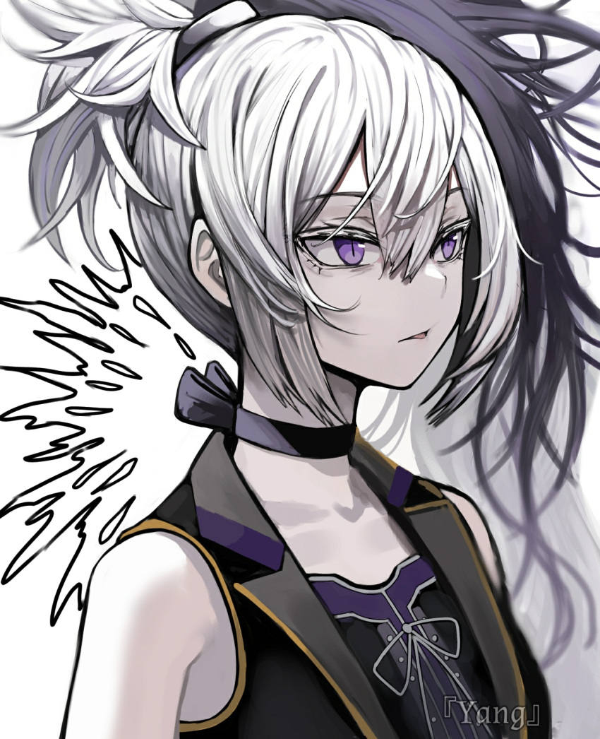 1girl, bare_shoulders, black_choker, black_hair, black_vest, choker, collarbone, colored_eyelashes