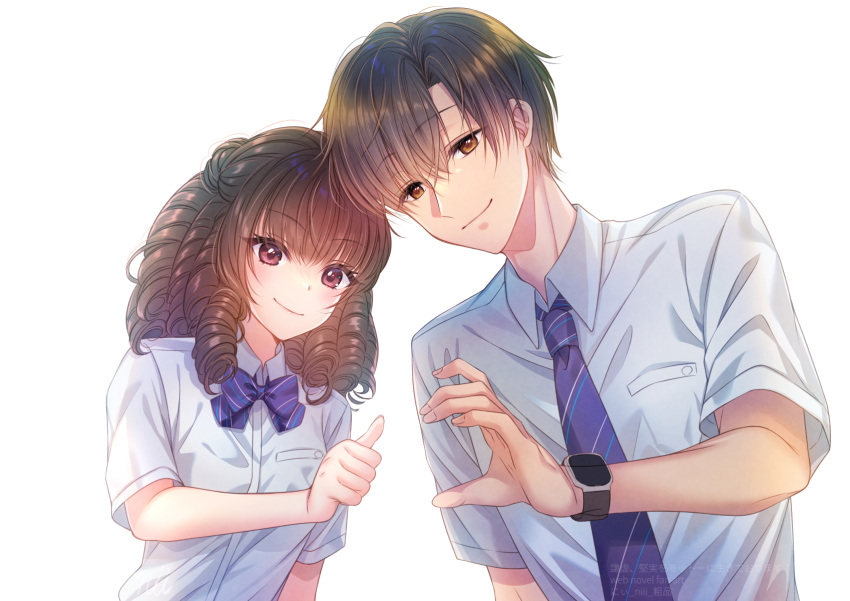 1boy, 1girl, blue_bow, blue_bowtie, blue_necktie, bow, bowtie, brown_eyes