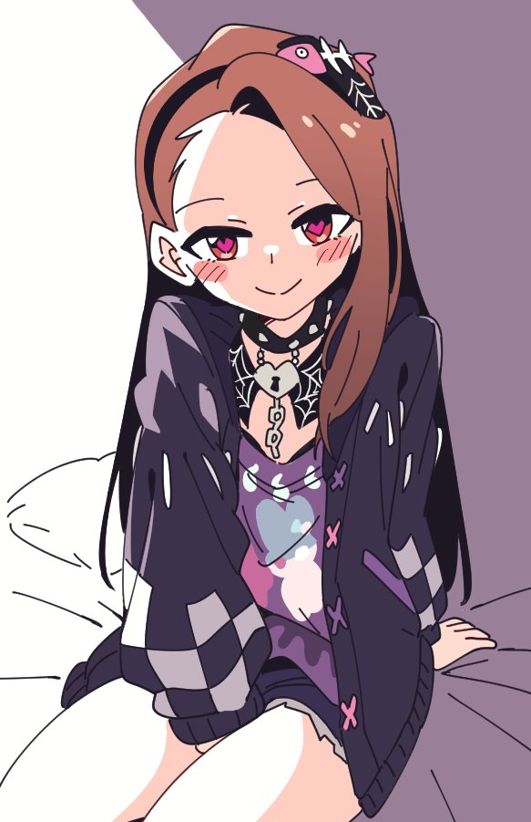 1girl, asymmetrical_bangs, between_legs, black_choker, black_hairband, blush_stickers, breasts, brown_hair