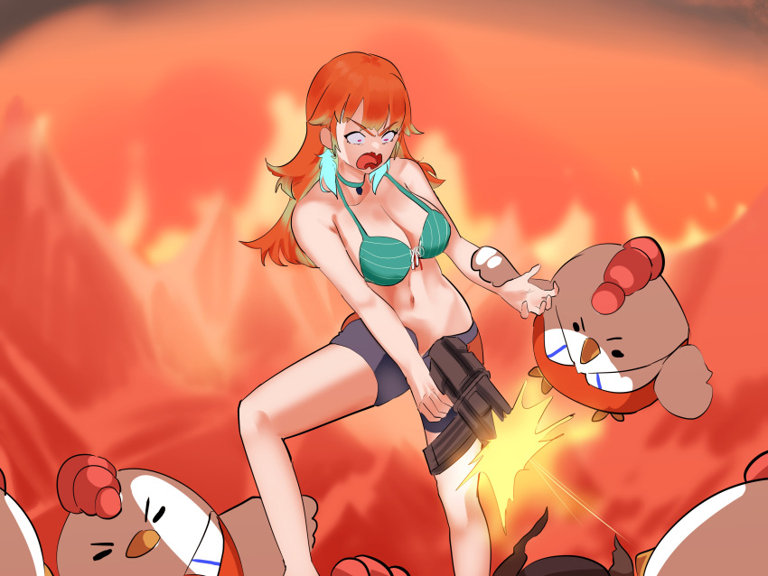 1girl, absurdres, bikini, bird, chicken, choker, commentary, denim
