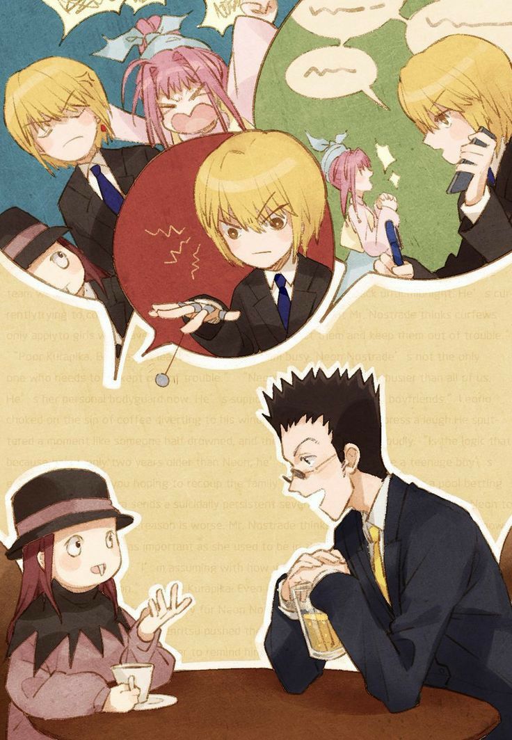 >_<, 2boys, 2girls, alcohol, anger_vein, annoyed, beer, black_hair, blonde_hair, brown_hair, cup, earrings, glasses, greeeeey3, hat, hunter_x_hunter, image_in_speech_bubble, jewelry, kurapika, leorio_paladiknight, multiple_boys, multiple_girls, neon_nostrade, pink_hair, senritsu, sitting, table, talking, talking_on_phone, teacup, tuxedo
