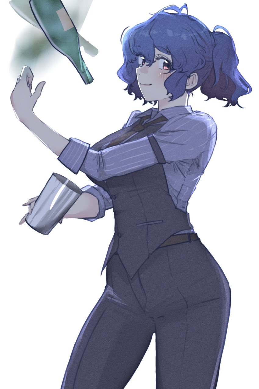 1girl, absurdres, antenna_hair, arm_strap, bartender, belt, black_necktie, black_pants