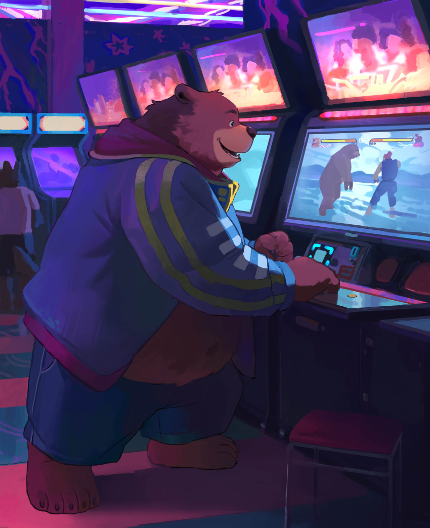 1boy, absurdres, akuma_(street_fighter), animal_ears, arcade, arcade_cabinet, barefoot, bear_boy