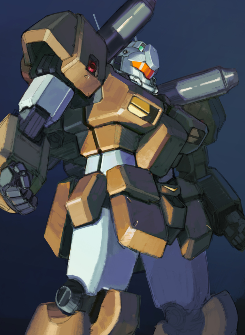 absurdres, assault_visor, blue_background, clenched_hands, commentary, dangodes, english_commentary, feet_out_of_frame