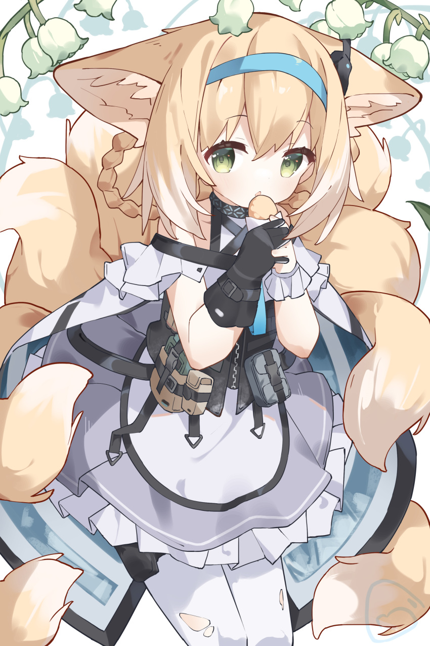 1girl, absurdres, animal_ears, arknights, black_gloves, blonde_hair, blue_hairband, cowboy_shot