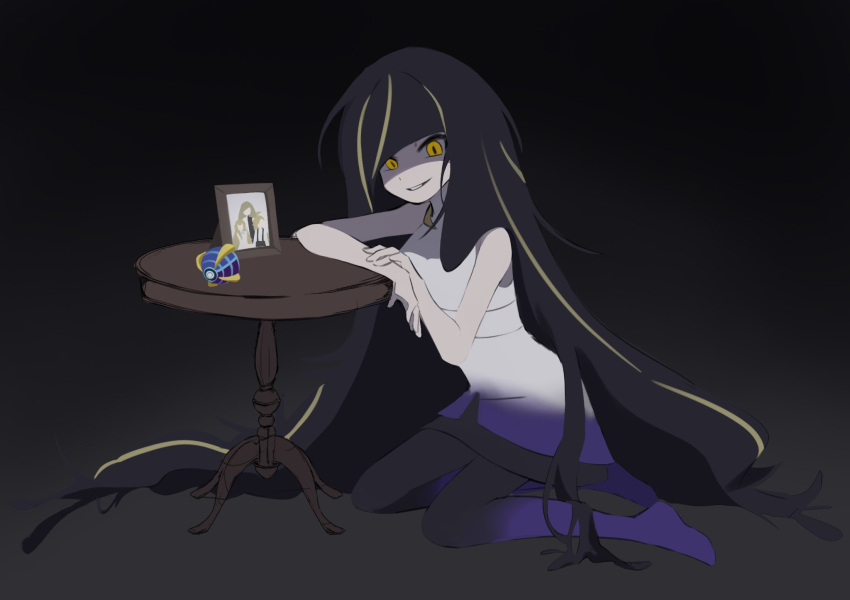 1girl, bare_arms, beast_ball, black_hair, commentary_request, dress, highres, jewelry, korean_commentary, long_hair, looking_down, lusamine_(pokemon), lusamine_fused_(pokemon), multicolored_hair, neck_ring, pantyhose, parted_lips, photo_(object), poke_ball, pokemon, pokemon_sm, seonghak80, shaded_face, sleeveless, sleeveless_dress, smile, solo, streaked_hair, table, very_long_hair, white_dress, yellow_eyes