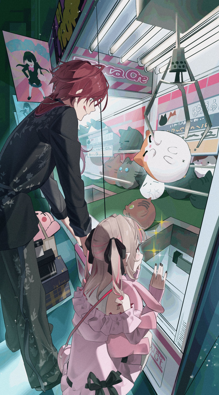 1boy, 1girl, :q, absurdres, aqua_eyes, arcade, bag, bare_shoulders