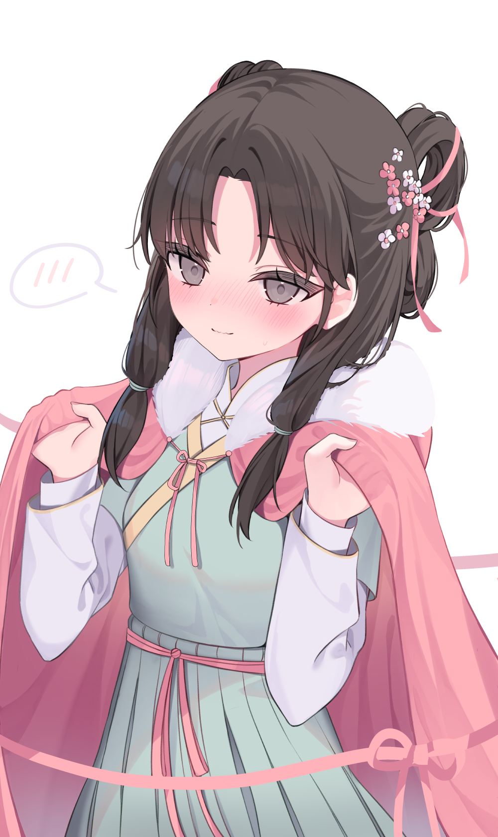 1girl, black_hair, blush, cloak, closed_mouth, commentary_request, fur-trimmed_cloak, fur_trim, grey_eyes, hands_up, highres, layered_sleeves, legend_of_mortal, long_hair, long_sleeves, looking_at_viewer, parted_bangs, pink_cloak, pink_ribbon, ribbon, roin, short_over_long_sleeves, short_sleeves, simple_background, smile, solo, white_background, ye_yunshang