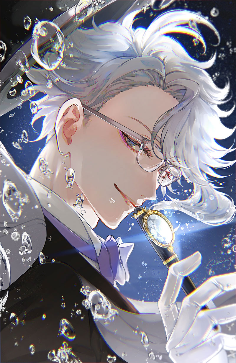 1boy, azul_ashengrotto, black_background, black_jacket, blue_background, bow, collared_shirt, commentary_request, glasses, gloves, gradient_background, grey_eyes, grey_hair, half-closed_eyes, highres, holding, holding_wand, jacket, lens_flare, looking_at_viewer, male_focus, night_raven_college_uniform, purple_bow, shinsuke_(moccori), shirt, short_hair, sidelocks, simple_background, smile, solo, twisted_wonderland, wand, water_drop, white_gloves, white_shirt